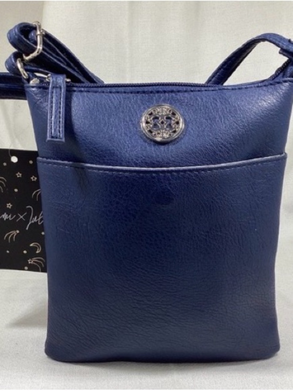Navy Faux-Leather Crossbody Bag with Decorative Emblem